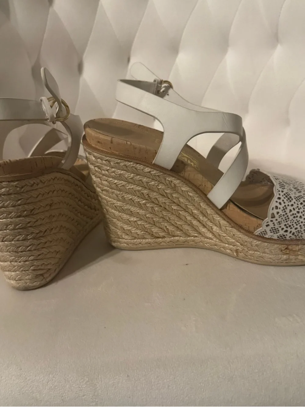 Salvatore Ferragamo White Laser-Cut Cork Wedge Sandals